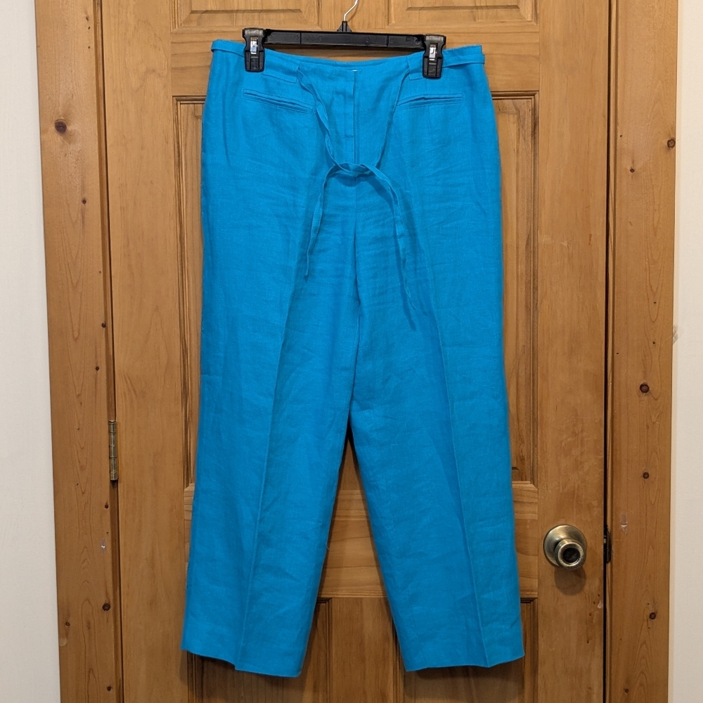 Talbots Pants Trousers 100% Irish Linen Blue Teal Wide Leg Crop Belted Womens 10